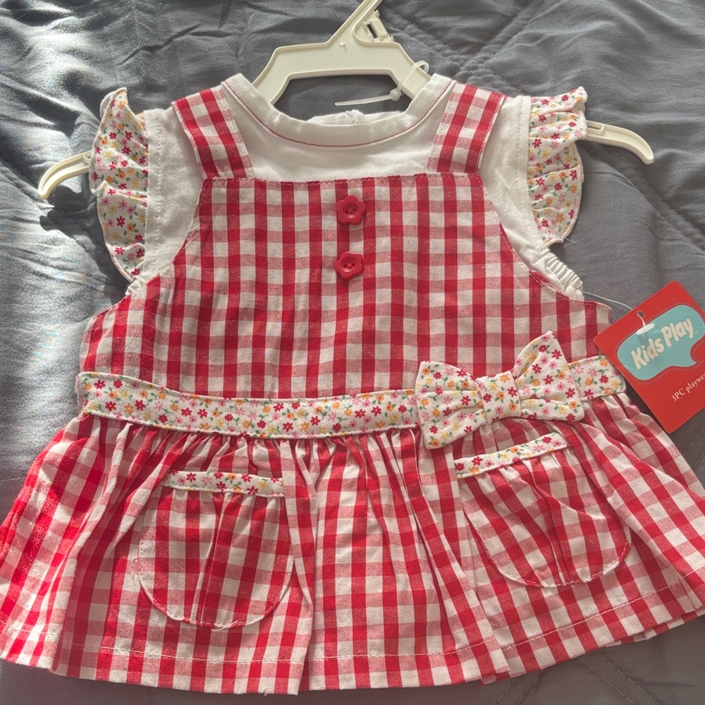 Red and White Gingham Baby Dress & top with Floral Trim